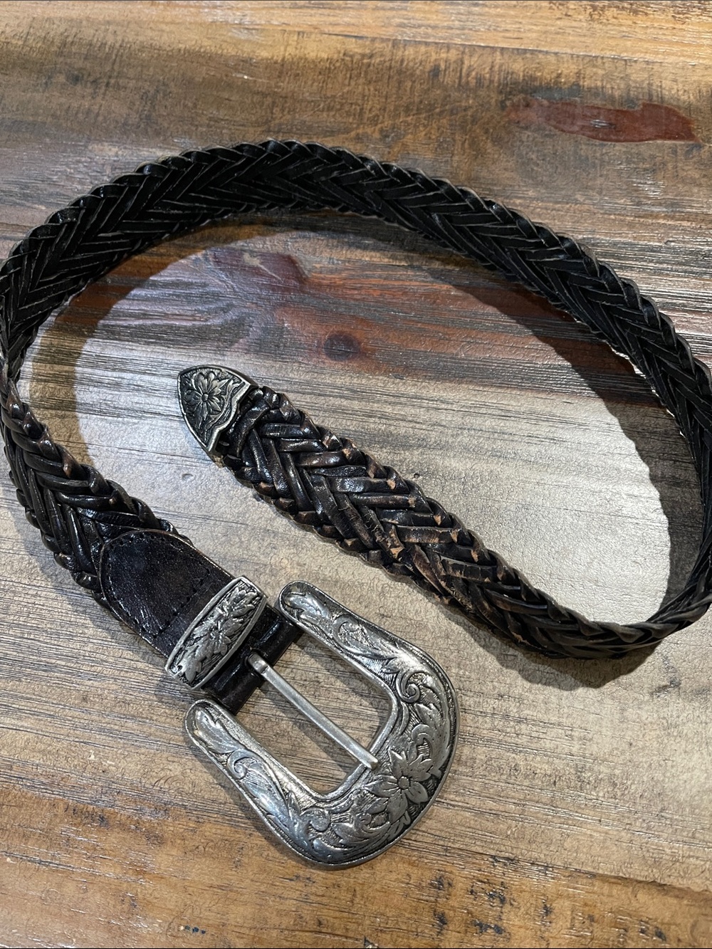 Capezio Braided Leather Belt with Ornate Silver-Tone Buckle - Black